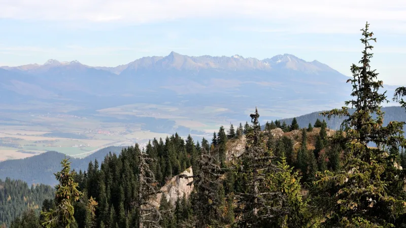 Výhled cestou na Krakovu holi: Vysoké Tatry od Pustého